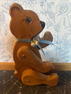 14” tall Wooden Bear Figurine with Blue Ribbon